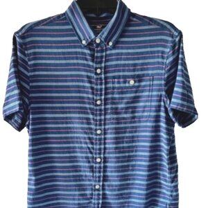 Vineyard Vines Shirt Mens Blue Striped Short Sleeve Button Down Linen Blend S